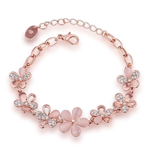 Okos Rose Gold Plated Pink Flowers Link Chain Adjustable Size Charm Alloy Bracelet